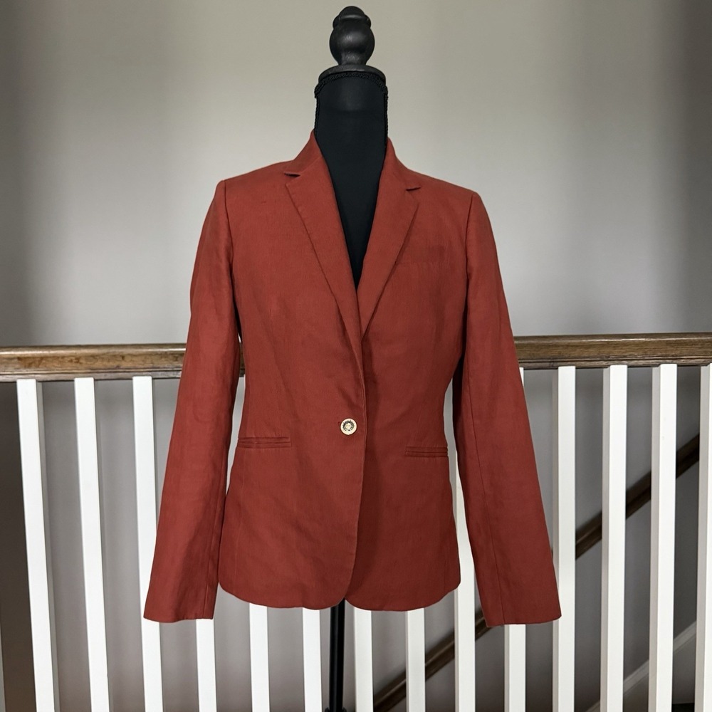 J Crew 100% Linen Campbell Blazer Terracotta Enamel Buttons Sz 2 Old Money Prep